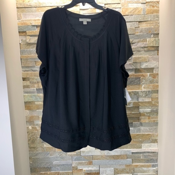 Sejour Pleat Neck Lace Trim Blouse (Plus Size) - Picture 2 of 5